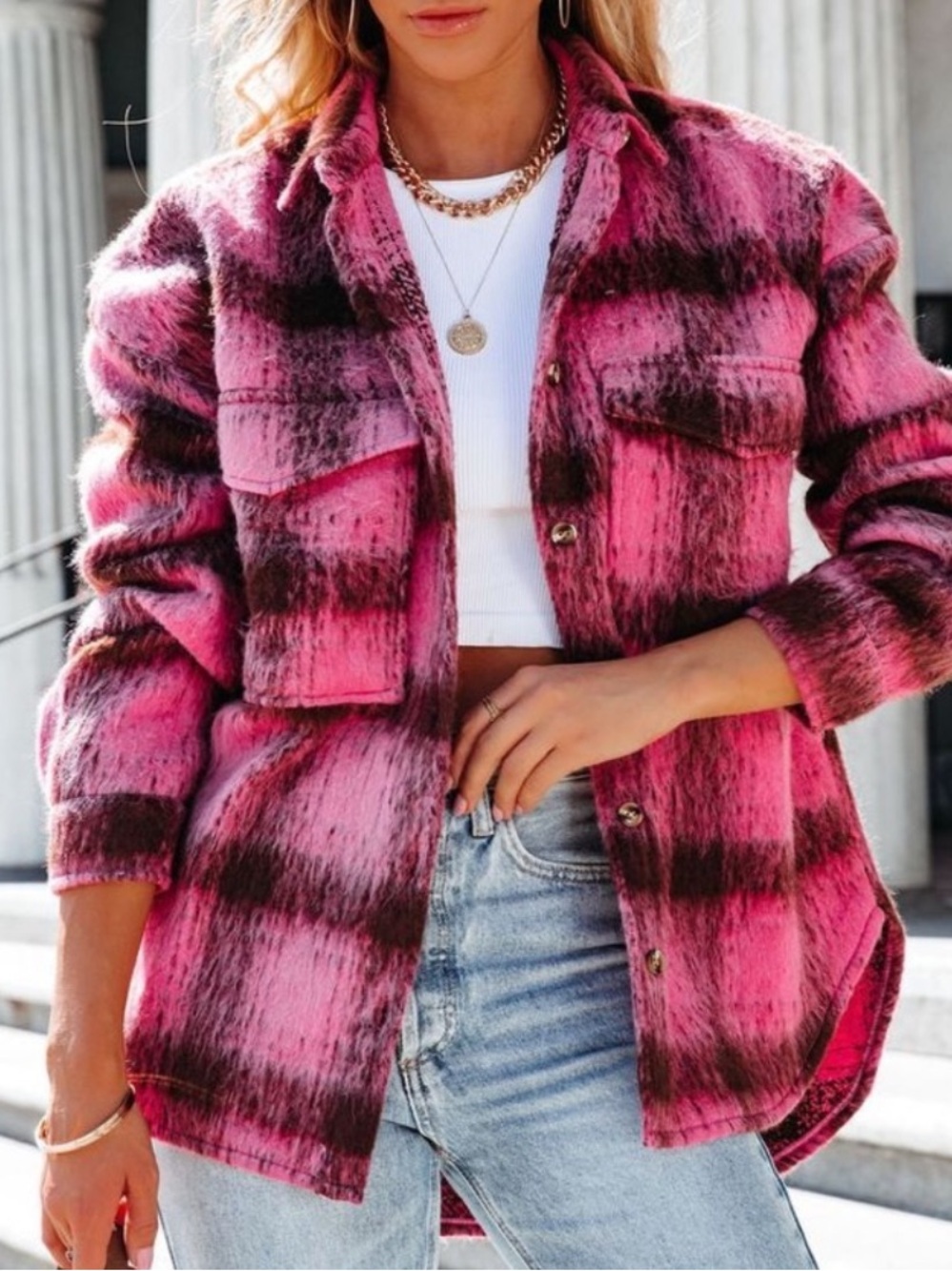 Vici Dolls Londynn Pink Fuzzy Plaid Shacket